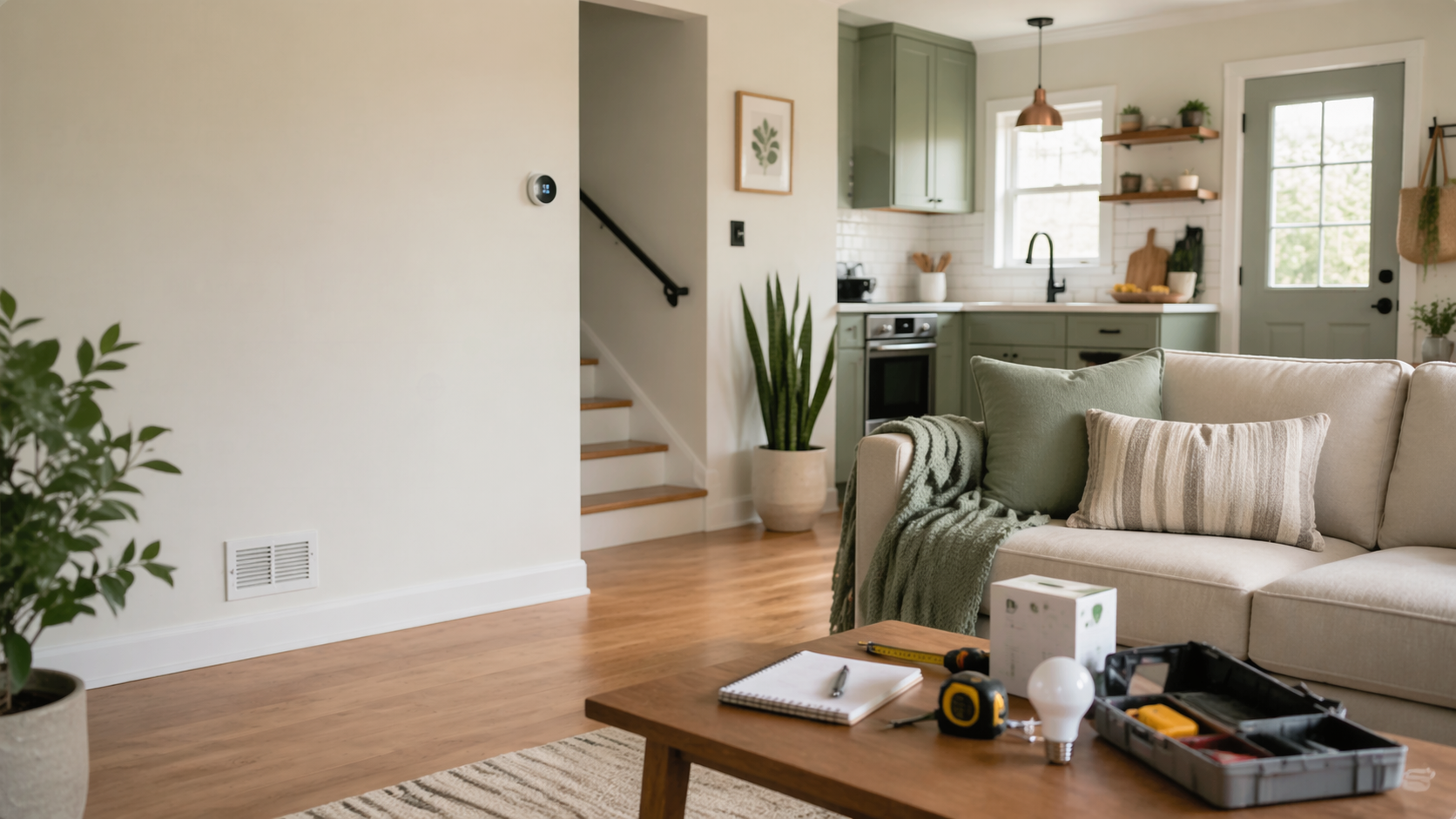 Compact small home interior with practical home improvement tools